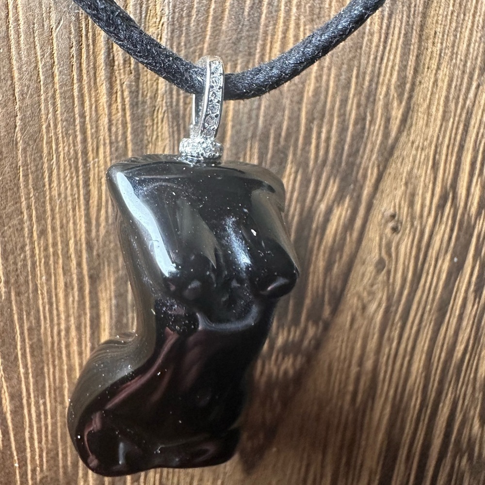 Black Obsidian Lady Body Pendant Necklace on Black Rope, Sterling Silver Bail - Picture 8 of 14